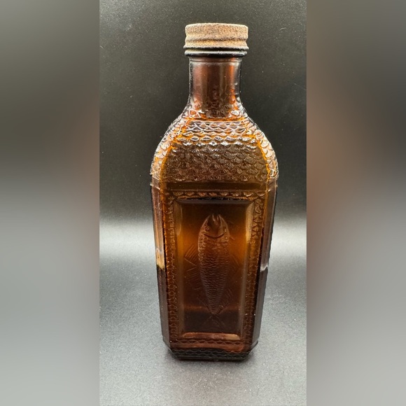 McKesson's Cod Liver Oil Brown Glass Bottle Embossed Fish Owens-Illinois 9" Tall - Picture 1 of 5